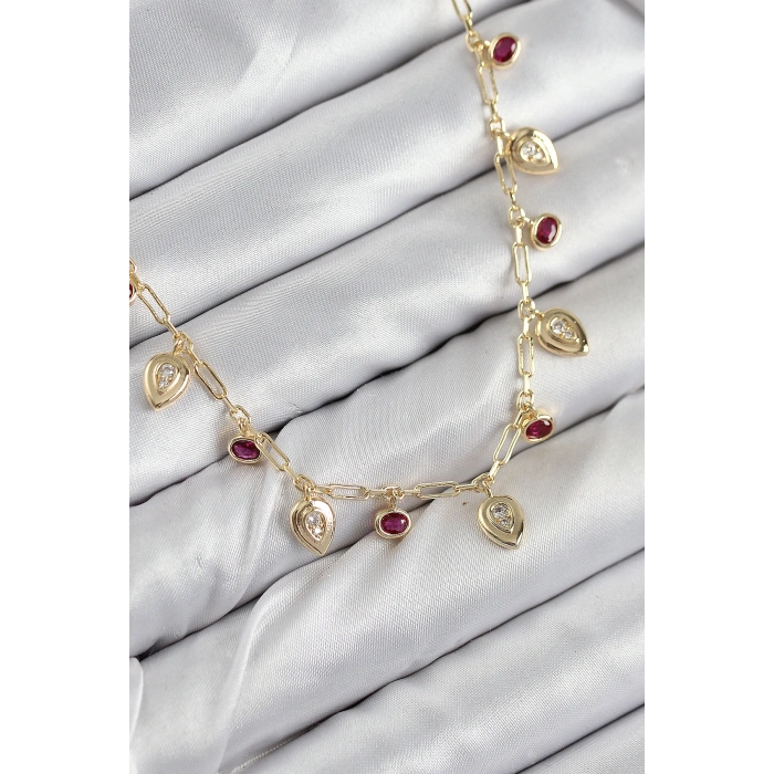 Pirinç Zirkon Taşlı Sallantılı Damla Model Gold Renk Kadın Kolye - TJ-BKO10495