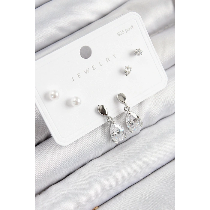 Pirinç Zirkon Taşlı Sallantılı Damla Model Gümüş Renk 925 Ayar Gümüş Çivi Kadın Küpe Set - TJ-BKP11171