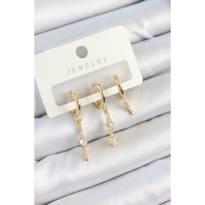 Pirinç Zirkon Taşlı Sallantılı Model Gold Renk 3lü Çift Kadın Küpe Set - TJ-BKP10815