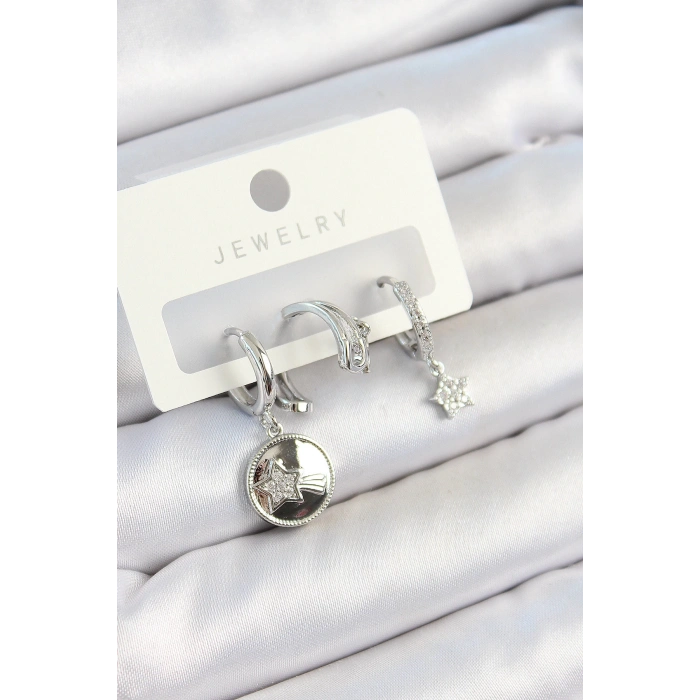 Pirinç Zirkon Taşlı Sallantılı Yıldız Model Gümüş Renk 3lü Çift Kadın Küpe Set - TJ-BKP10792
