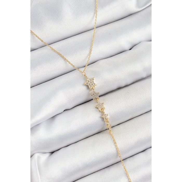 Pirinç Zirkon Taşlı Sıralı Yıldız Figürlü Y Model Gold Renk Kadın Kolye - TJ-BKO10314