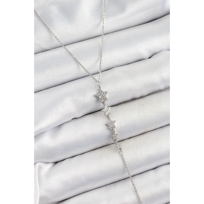 Pirinç Zirkon Taşlı Sıralı Yıldız Figürlü Y Model Gümüş Renk Kadın Kolye - TJ-BKO10313