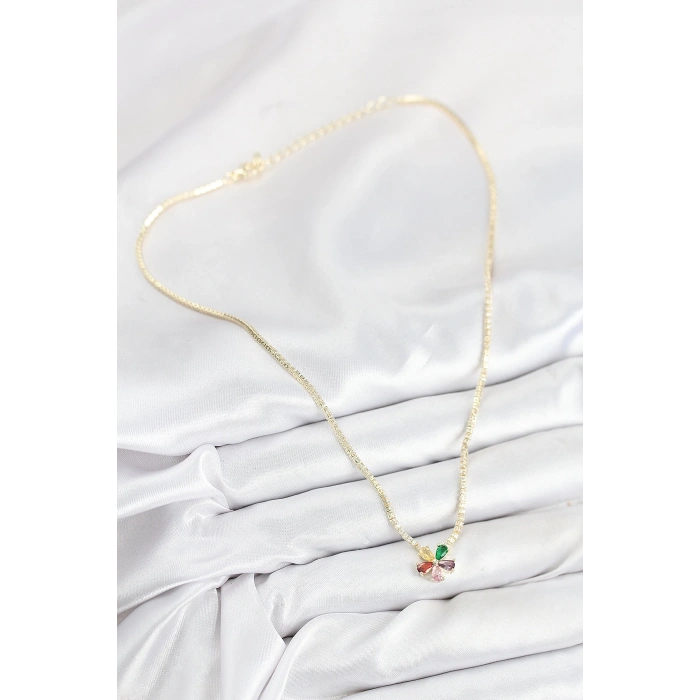 Pirinç Zirkon Taşlı Su Yolu Asorti Çiçek Model Gold Renk Kadın Kolye - TJ-BKO10546