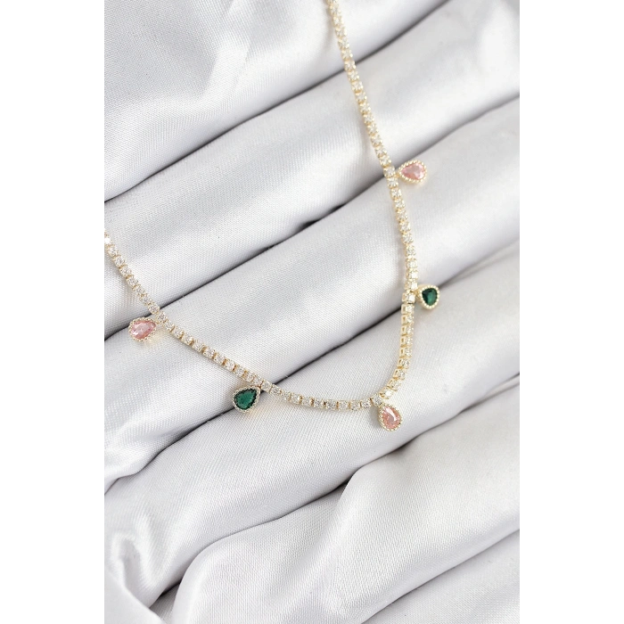 Pirinç Zirkon Taşlı Su Yolu Damla Model Gold Renk Kadın Kolye - TJ-BKO10545