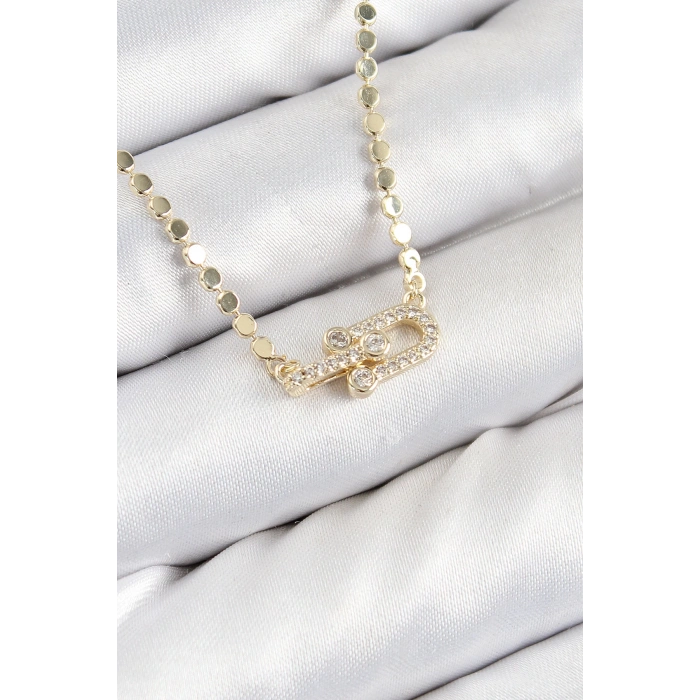 Pirinç Zirkon Taşlı Tifany Model Ezme Zincir Gold Renk Kadın Kolye - TJ-BKO10393