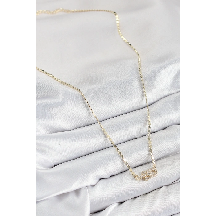Pirinç Zirkon Taşlı Tifany Model Ezme Zincir Gold Renk Kadın Kolye - TJ-BKO10393