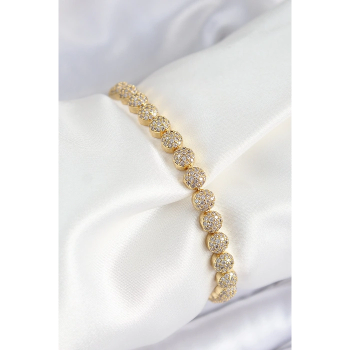 Pirinç Zirkon Taşlı Yarım Topcuk Model Gold Renk VIP Seri Kadın Bileklik - TJ-BB7508