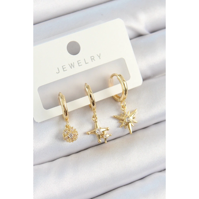 Pirinç Zirkon Taşlı Yıldız Model Gold Renk 3lü Çift Kadın Küpe Set - TJ-BKP10818