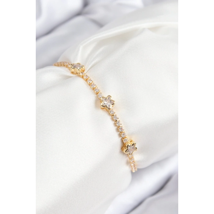 Pirinç Zirkon Taşlı Yıldız Model Gold Renk Asansörlü Kadın Bileklik - TJ-BB7737