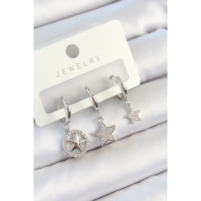 Pirinç Zirkon Taşlı Yıldız Model Gümüş Renk 3lü Çift Kadın Küpe Set - TJ-BKP10809