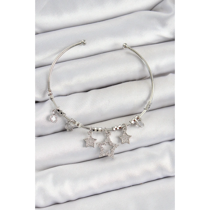 Pirinç Zirkon Taşlı Yıldız Model Gümüş Renk Charm Bileklik - TJ-BB7347