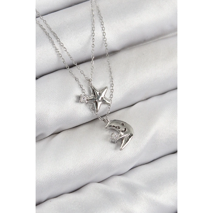 Pirinç Zirkon Taşlı Yıldız Ve Ay Model Gümüş Renk Kadın Kolye - TJ-BKO10423