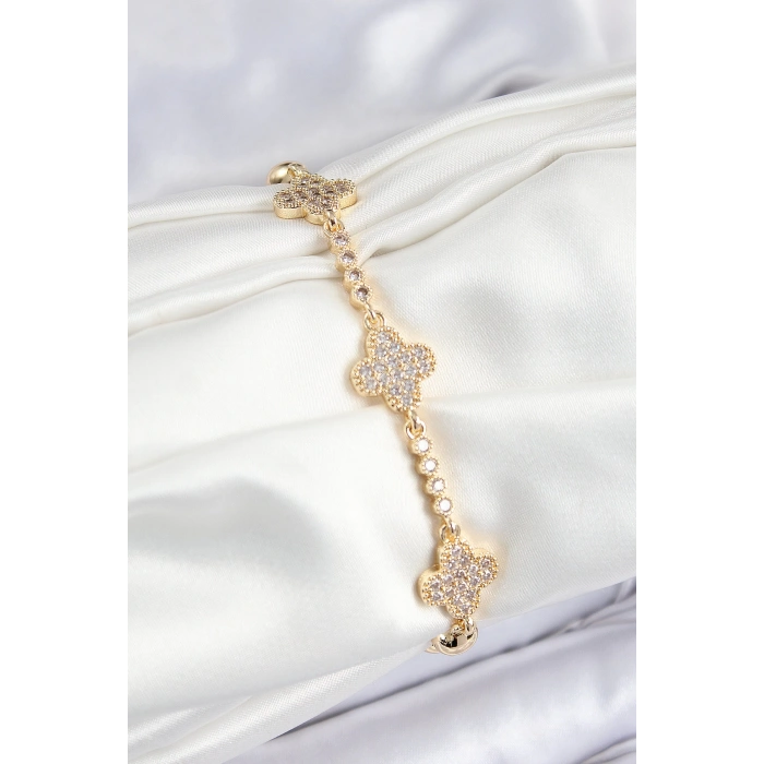 Pirinç Zirkon Taşlı Yonca Model Gold Renk Kadın Bileklik - TJ-BB7561