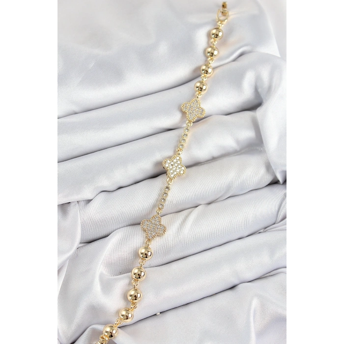 Pirinç Zirkon Taşlı Yonca Model Gold Renk Kadın Bileklik - TJ-BB7561