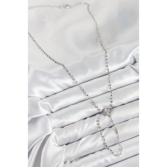 Pirinç Zirkon Taşlı Yonca Model Gümüş Renk Kadın Y Kolye - TJ-BKO10498