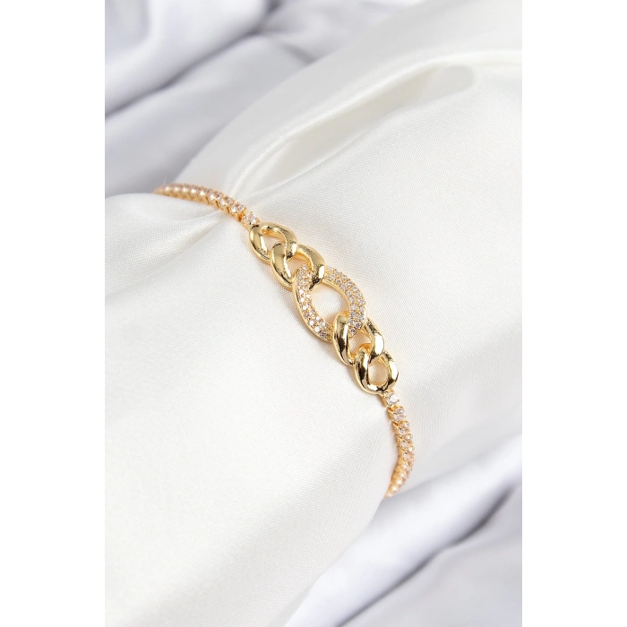 Pirinç Zirkon Taşlı Zincir Model Gold Renk Asansörlü Kadın Bileklik - TJ-BB7735