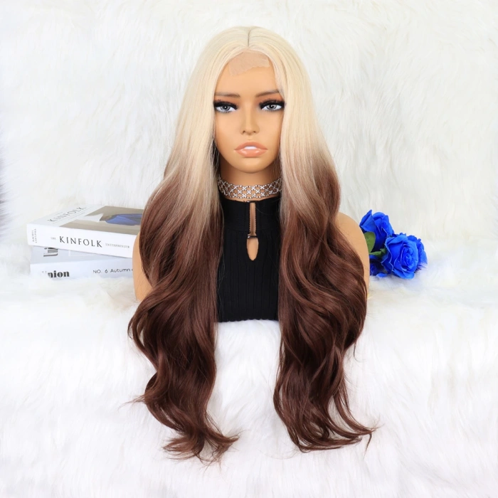 Platin Çikolata Kahve Ombreli Uzun Dalgalı Tül Peruk