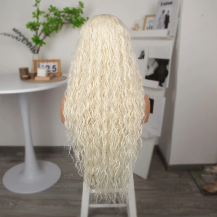 Platin Uzun Afro Dalga Fiber Sentetik Tül Peruk