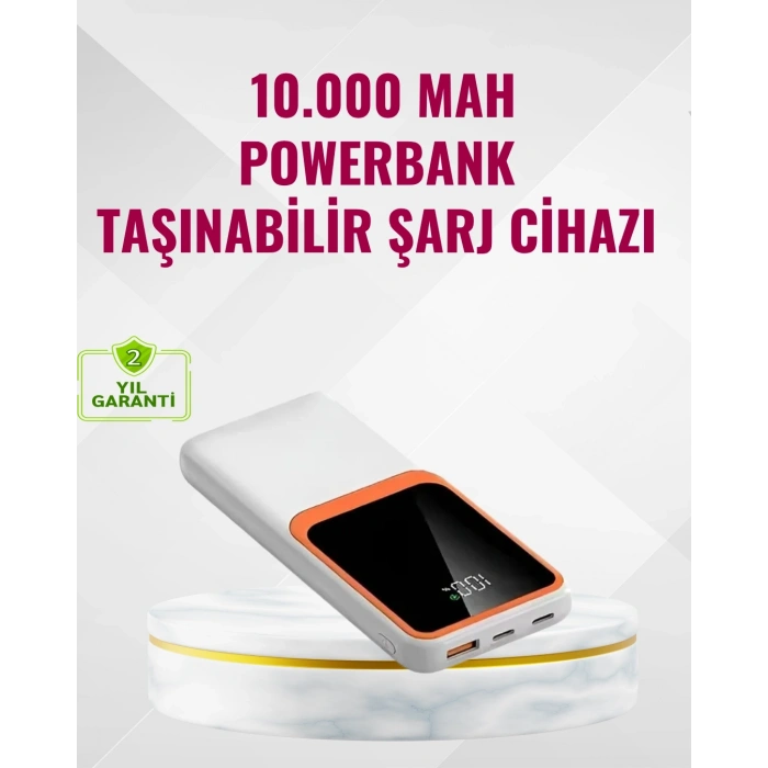 Powerbank 10000 Mah – Çift Usb Çıkışlı, Type-c Girişli, Şık Beyaz Tasarım