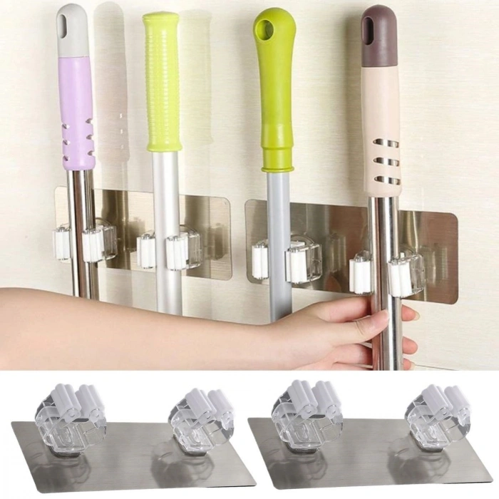 Pratik Organizer 4'lü Yapışkanlı Fırça Paspas Mop Fırça Sabitleyici Ergonomik Alet Aparatı (4887)