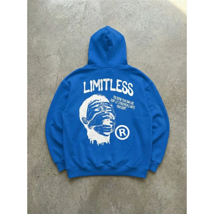 Premium Baskılı Kapşonlu Sweatshirt Üç İplik İçi Pamuklu Kanguru Cepli Double Oversize Rahat Kalıp Hoodie - Saks Mavi
