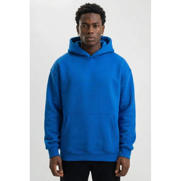 Premium Baskılı Kapşonlu Sweatshirt Üç İplik İçi Pamuklu Kanguru Cepli Double Oversize Rahat Kalıp Hoodie - Saks Mavi