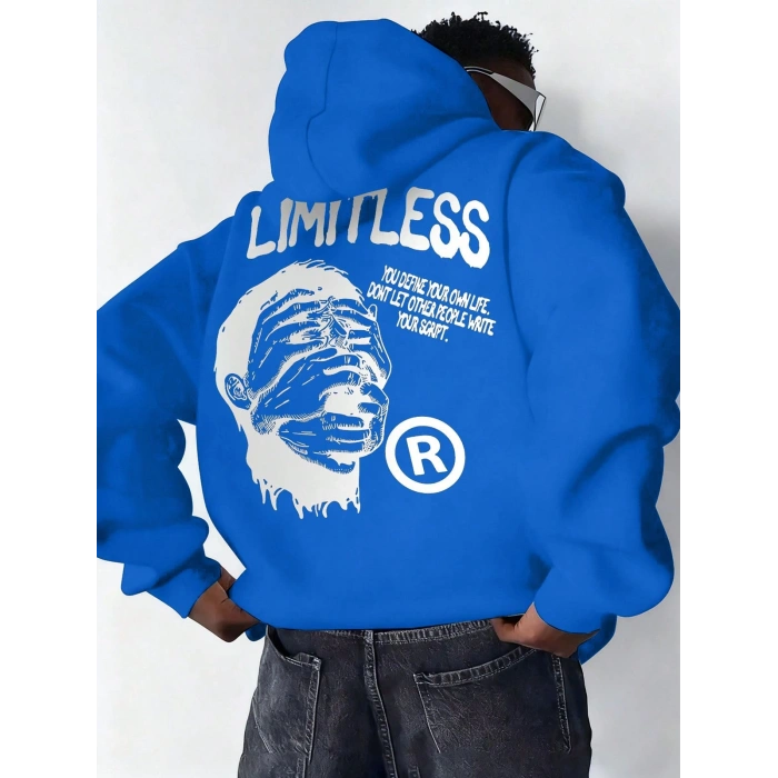 Premium Baskılı Kapşonlu Sweatshirt Üç İplik İçi Pamuklu Kanguru Cepli Double Oversize Rahat Kalıp Hoodie - Saks Mavi