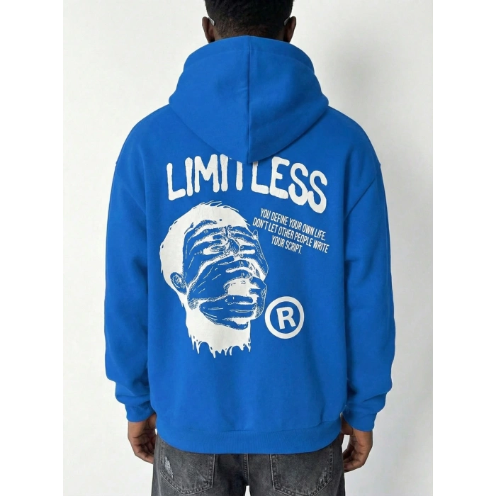 Premium Baskılı Kapşonlu Sweatshirt Üç İplik İçi Pamuklu Kanguru Cepli Double Oversize Rahat Kalıp Hoodie - Saks Mavi