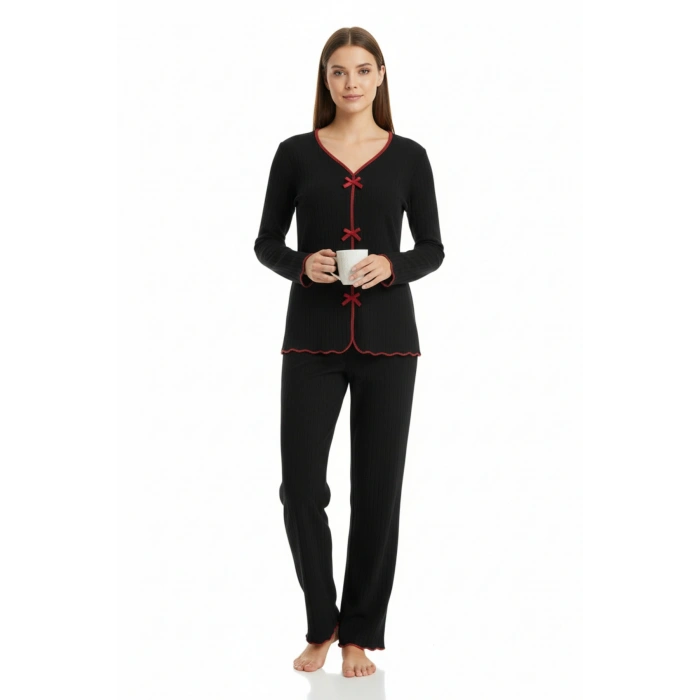 Premium Kadın 4’lü Fitilli Set – Siyah Kırmızı Biyeli (pijama Üst, Pantolon, Bikini Takımı)