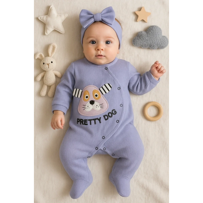 Pretty Dog Nakışlı Bandanalı % 100 Pamuk Kız Bebek Tulumu