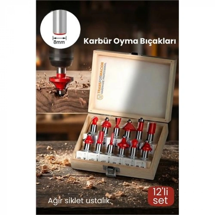 Profesyonel 12li Ahşap Freze Ucu Seti 8mm Şaft | Rulmanlı Karbür Oyma Bıçakları Ahşap Kutulu