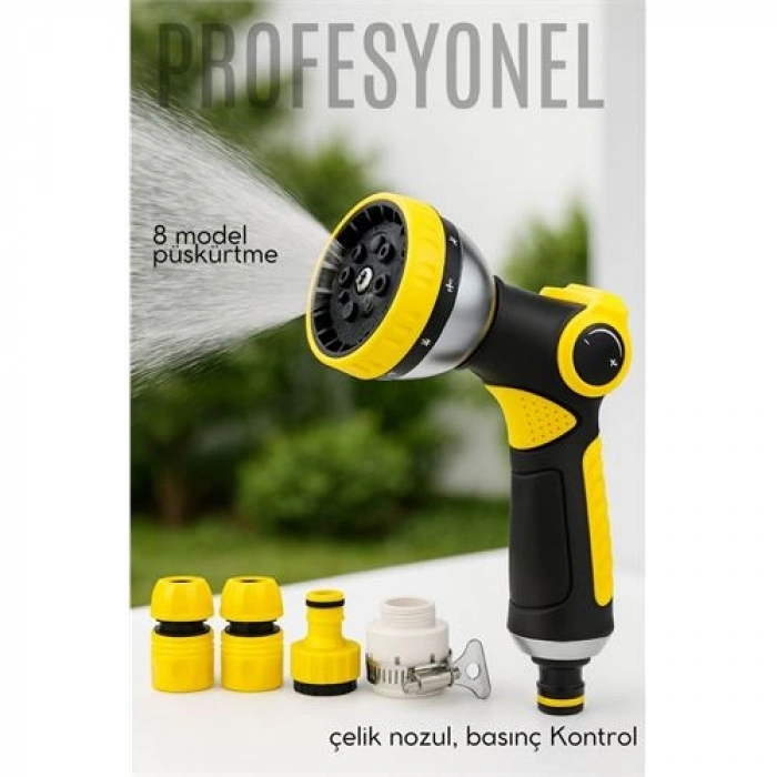 Profesyonel 8 Modelli Metal Basınçlı Sulama Tabancası Seti | Ayarlanabilir Jet | Hortum Konnektörlü 722523