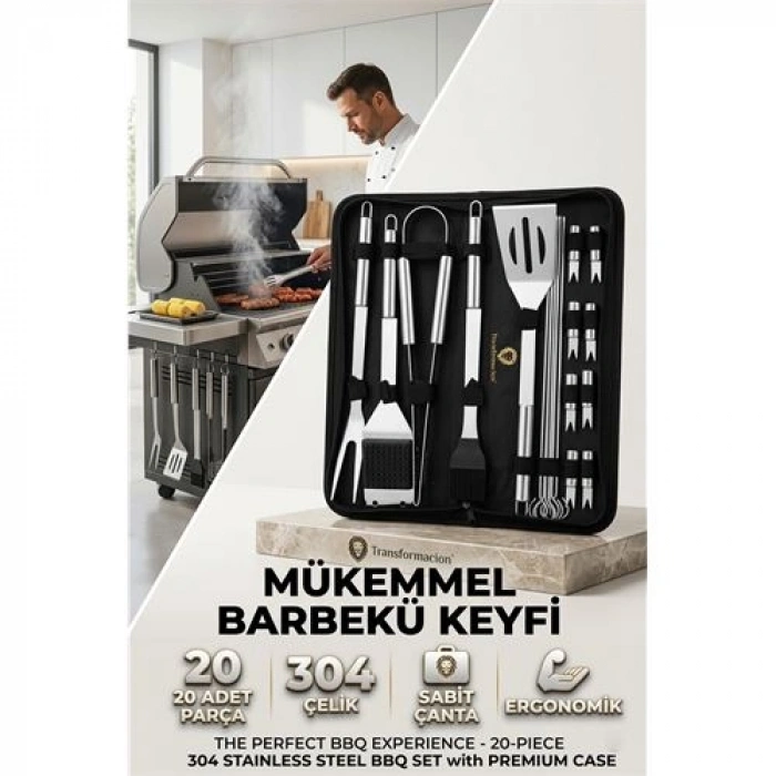 Profesyonel Barbekü Seti 20 Parça Çantalı Paslanmaz Çelik Mangal Maşa Spatula Fırça Şiş 723132