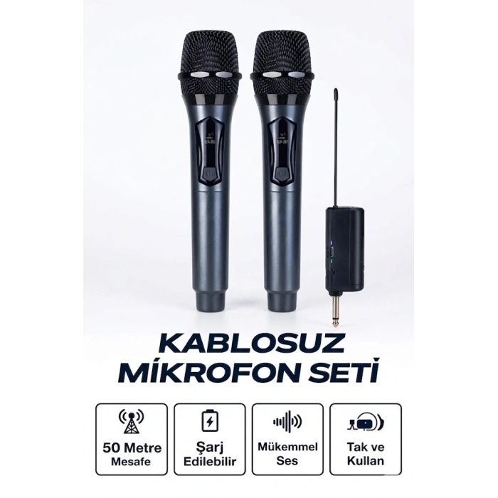 Profesyonel Çiftli Kablosuz Mikrofon Seti Karaoke Şarj Edilebilir 50 Metre