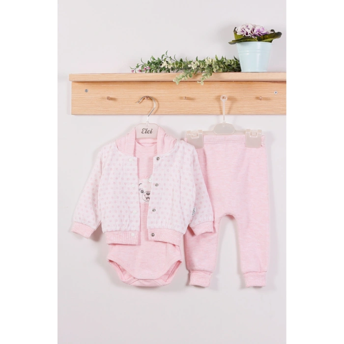 Puan Desenli Kapişonlu % 100 Pamuk 3lü Kız Bebek Takım