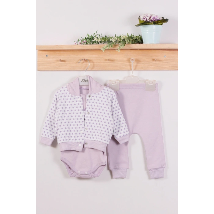 Puan Desenli Kapişonlu % 100 Pamuk 3lü Kız Bebek Takım