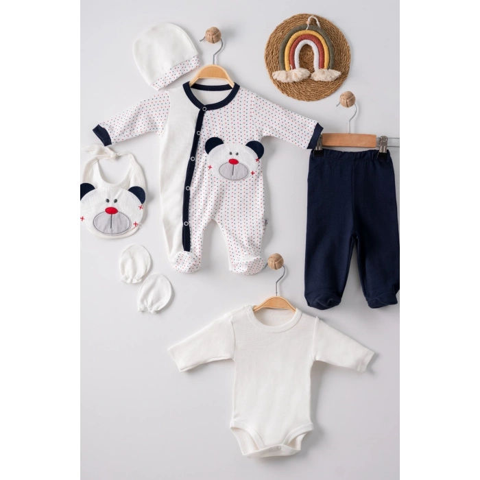 Puanlı Ayıcık Nakışlı Tulumlu % 100 Pamuk Erkek Bebek 5li Set