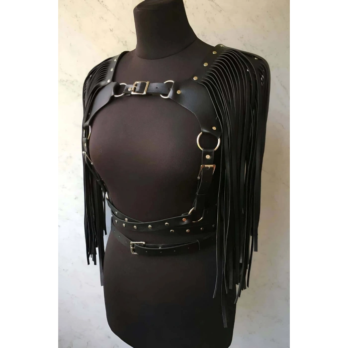 Püsküllü Deri Ceket Harness, Şık Deri Harness Ceket - Brf999