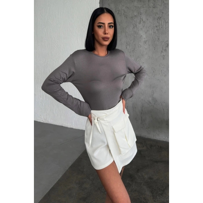 Rahat Ve Şık Uzun Kollu Bisiklet Yaka Likralı Viskon Penye Body Füme