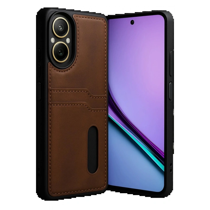 Realme 12 Lite Kılıf Sara Kartvizitli Deri Kılıf - Taba