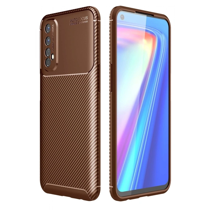 Realme 7 Kılıf Auto Focus Karbon Kapak - Kahverengi
