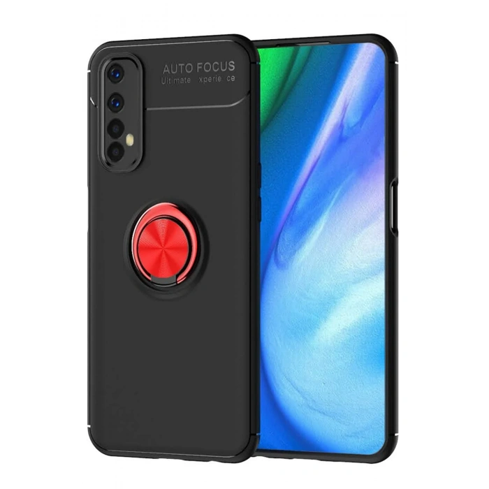 Realme 7 Kılıf Range Yüzüklü Silikon - Siyah-Kırmızı