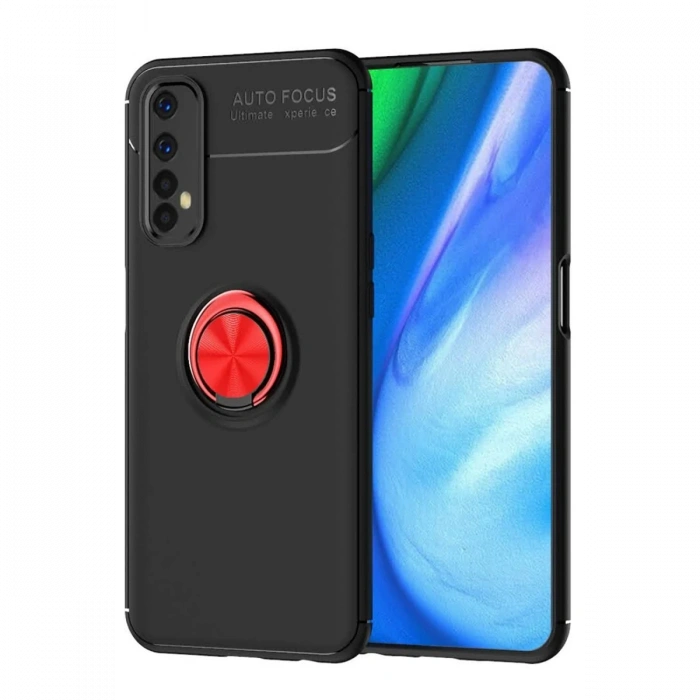 Realme 7 Kılıf Range Yüzüklü Silikon - Siyah-Kırmızı
