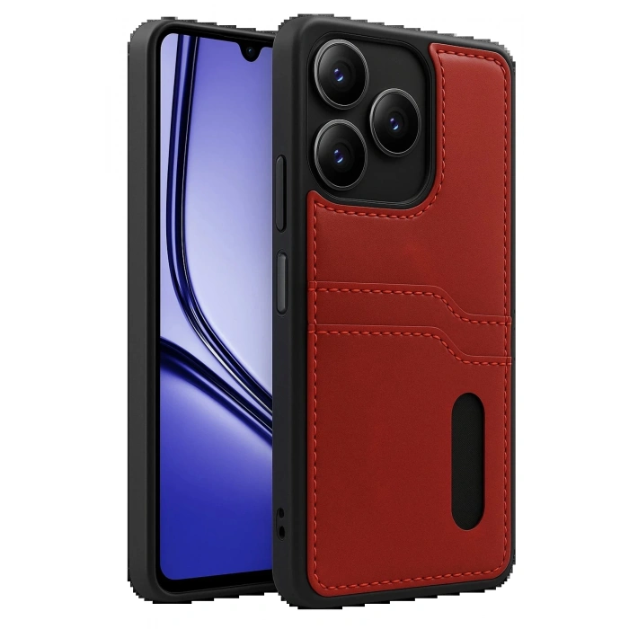 Realme Note 50 4G Kılıf Sara Kartvizitli Deri Kılıf - Kırmızı