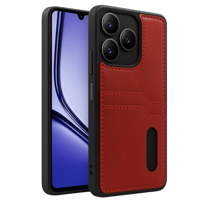 Realme Note 50 4G Kılıf Sara Kartvizitli Deri Kılıf - Kırmızı