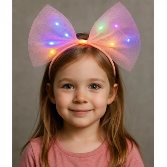 Rengarenk Led Işıklı Fiyonk Şekilli Tül Parti Tacı Pembe Renk 25x25 cm