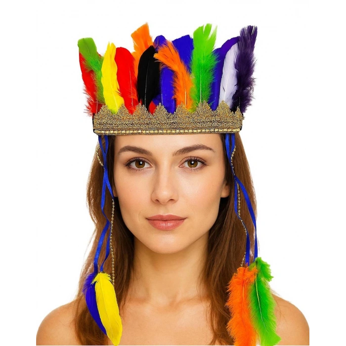 Rengarenk Tüylerle İşlenmiş Lastikli Kızılderili Başlığı (4887)