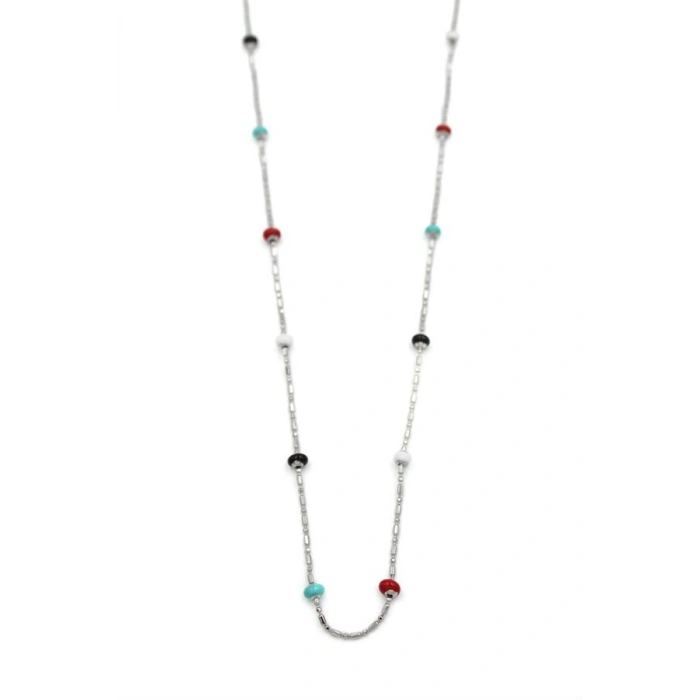 Renkli Boncuklu Zincir Kolye - Gümüş