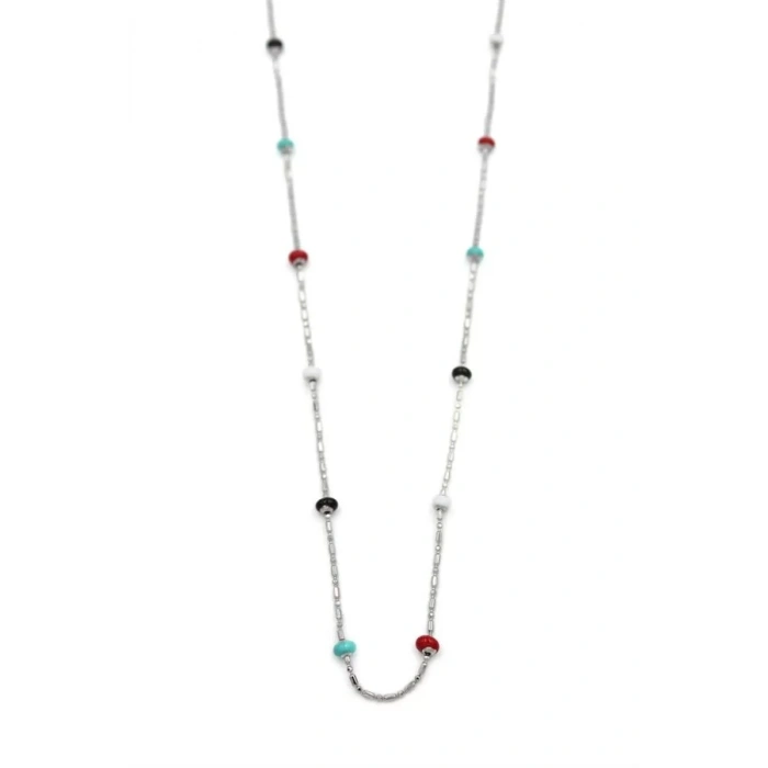 Renkli Boncuklu Zincir Kolye - Gümüş