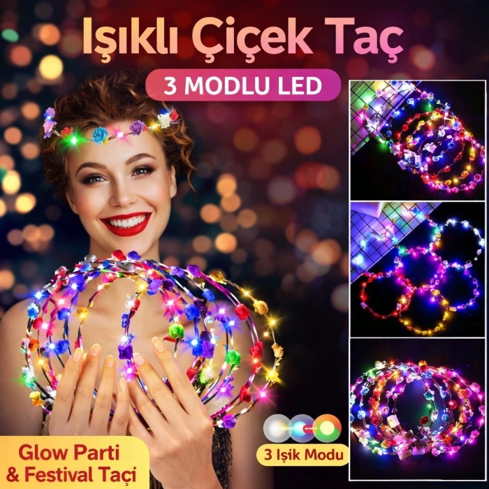 Renkli LED Çiçek Taç – 3 Işık Modlu Glow Parti Tacı (4887)